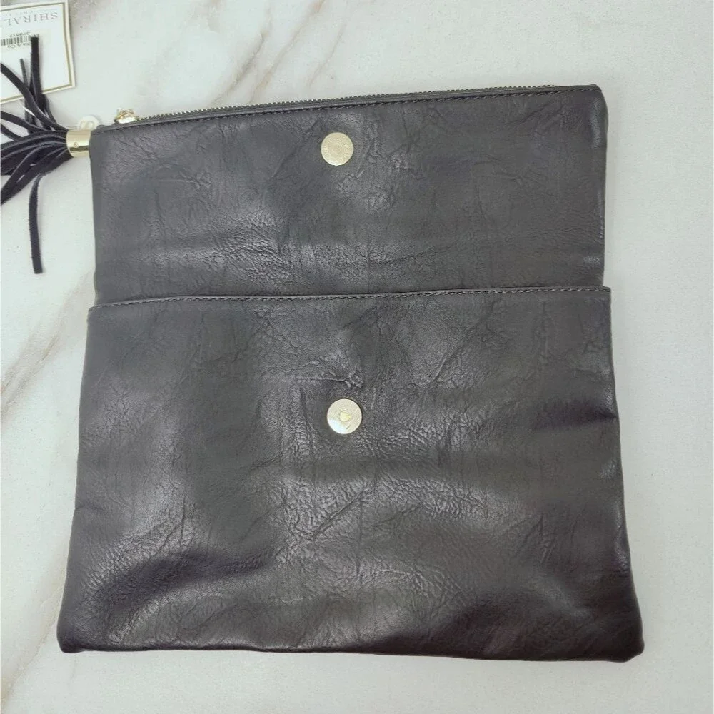NWT Shiraleah Lauren Black Faux Leather Foldover Tassel Clutch